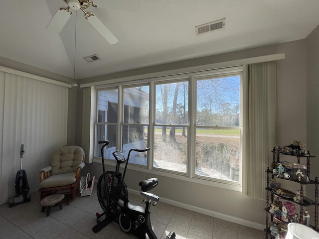 workout area with lofted ceiling and ceiling fan