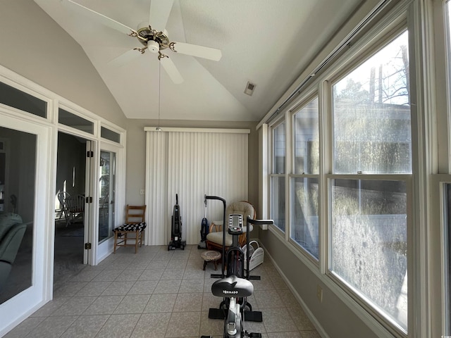 sunroom / solarium with vaulted ceiling and ceiling fan