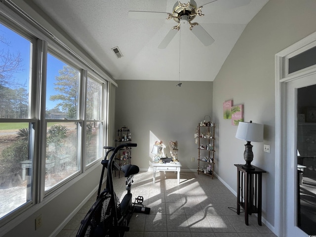 workout area featuring vaulted ceiling and ceiling fan