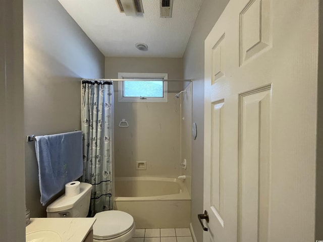 full bathroom with tile patterned flooring, vanity, shower / bathtub combination with curtain, and toilet