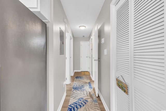 hall featuring electric panel, light wood-style flooring, and baseboards