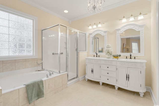 bathroom with ornamental molding, shower with separate bathtub, tile patterned flooring, and vanity