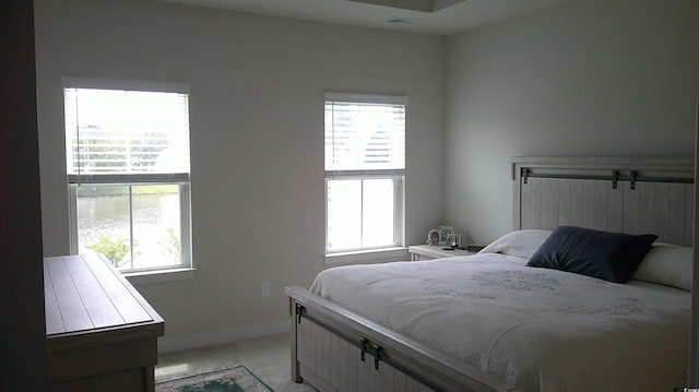 bedroom featuring light carpet, multiple windows, and baseboards