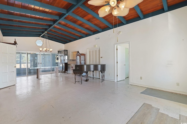 interior space with ceiling fan with notable chandelier, beam ceiling, high vaulted ceiling, and wooden ceiling