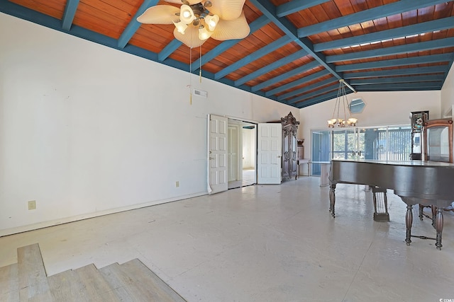 misc room featuring wood ceiling, ceiling fan with notable chandelier, and lofted ceiling with beams