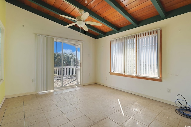 empty room featuring vaulted ceiling with beams, light tile patterned floors, wooden ceiling, and ceiling fan