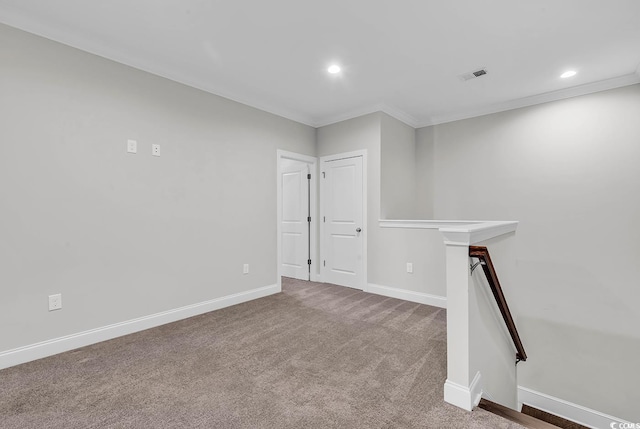 spare room with crown molding and carpet