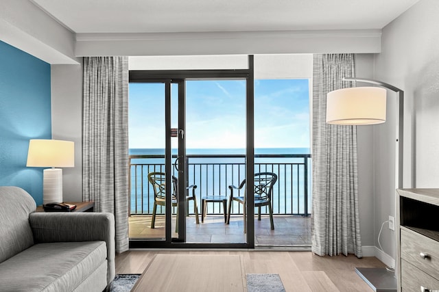 living room with a water view and light wood-type flooring