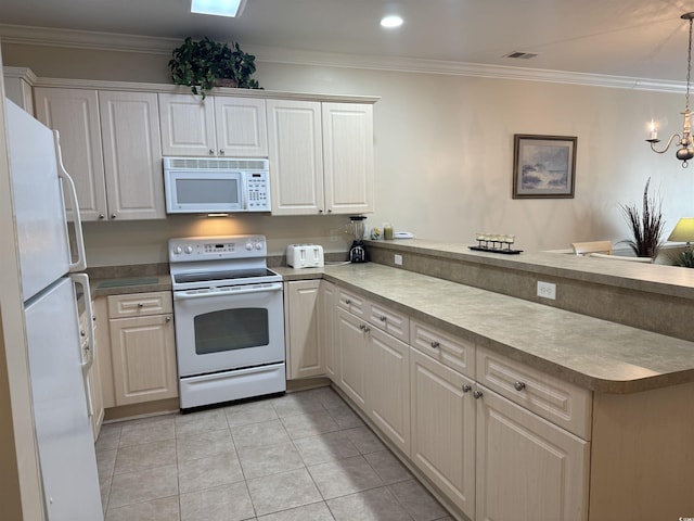 kitchen with crown molding, white appliances, kitchen peninsula, and hanging light fixtures