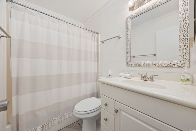 bathroom with ornamental molding, toilet, a shower with shower curtain, and vanity