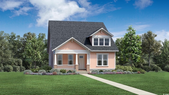 craftsman house featuring covered porch, a shingled roof, and a front yard