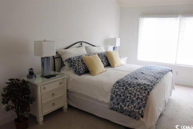 bedroom featuring light carpet