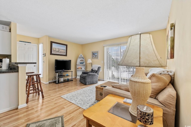 living room with light hardwood / wood-style flooring and a textured ceiling