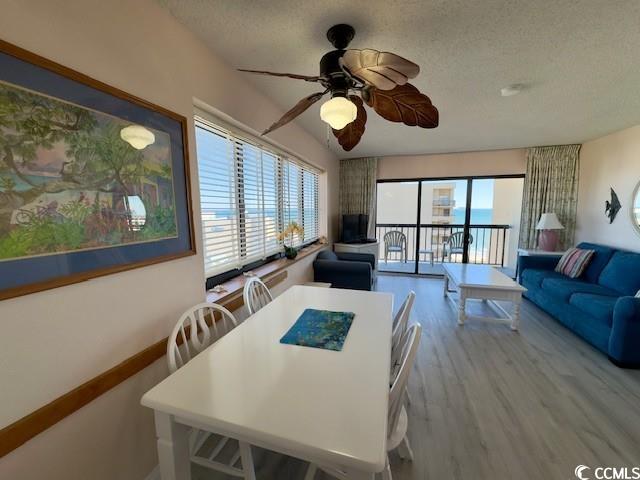 dining room featuring a healthy amount of sunlight, ceiling fan, light hardwood / wood-style floors, and a textured ceiling