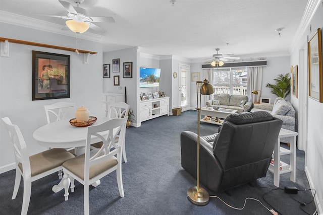 carpeted living room featuring crown molding and ceiling fan