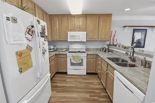 kitchen with wood-type flooring, sink, light stone counters, crown molding, and white appliances