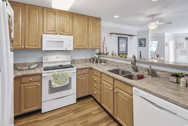 kitchen featuring sink, crown molding, white appliances, light stone counters, and light wood-type flooring