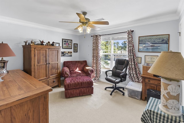 office featuring ornamental molding, light carpet, and ceiling fan