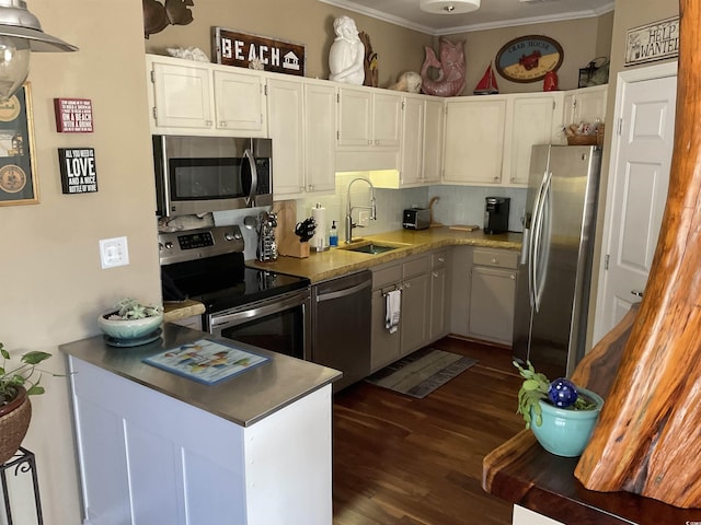 kitchen featuring dark wood-type flooring, sink, white cabinetry, tasteful backsplash, and stainless steel appliances