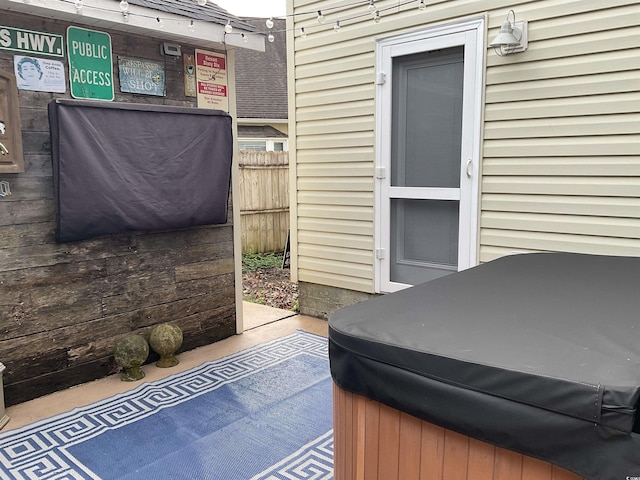 view of patio featuring a hot tub