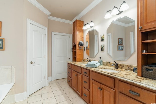 bathroom featuring vanity, tile patterned flooring, and ornamental molding