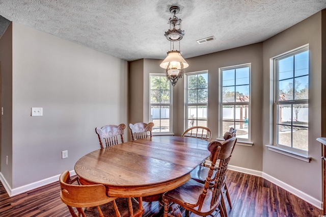 dining area featuring a wealth of natural light, a textured ceiling, and dark hardwood / wood-style flooring