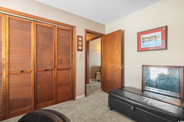 living area with light colored carpet and a textured ceiling