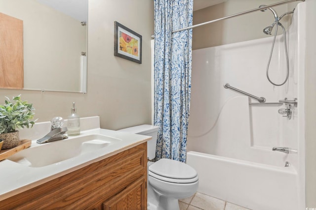 full bathroom featuring vanity, tile patterned floors, toilet, and shower / bathtub combination with curtain