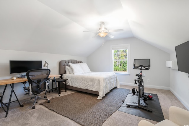 carpeted bedroom featuring vaulted ceiling and ceiling fan