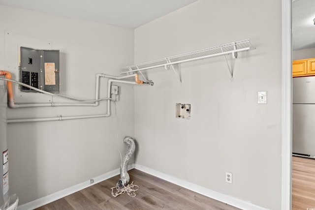 clothes washing area with hardwood / wood-style flooring, washer hookup, and electric panel