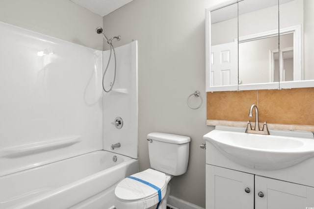 full bathroom featuring vanity, tasteful backsplash, shower / washtub combination, and toilet