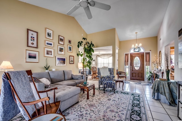 1579 Southwood Dr, Surfside Beach, SC 29575 - living room featuring high vaulted ceiling, light tile patterned flooring, a chandelier, and ceiling fan