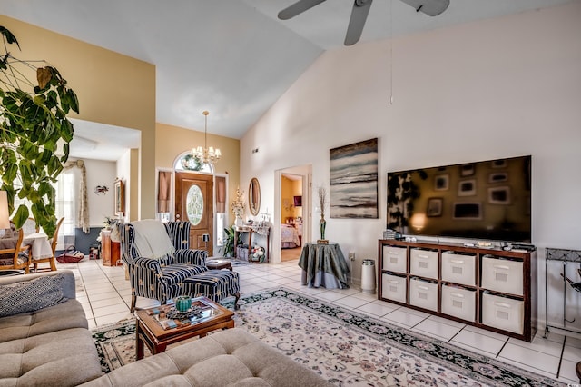 1579 Southwood Dr, Surfside Beach, SC 29575 - living room with tile patterned floors, high vaulted ceiling, a chandelier, a ceiling fan, and baseboards
