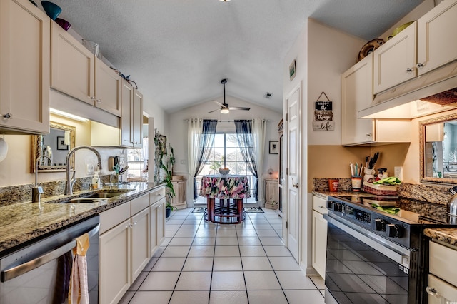 1579 Southwood Dr, Surfside Beach, SC 29575 - kitchen with black electric range oven, stainless steel dishwasher, a sink, vaulted ceiling, and ceiling fan