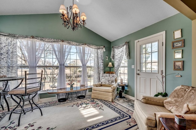 1579 Southwood Dr, Surfside Beach, SC 29575 - sitting room featuring vaulted ceiling, a chandelier, and a textured ceiling