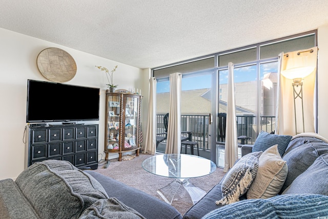 carpeted living room with a textured ceiling and a wall of windows