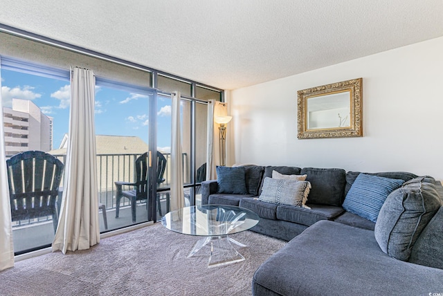 living room with floor to ceiling windows, a textured ceiling, and carpet