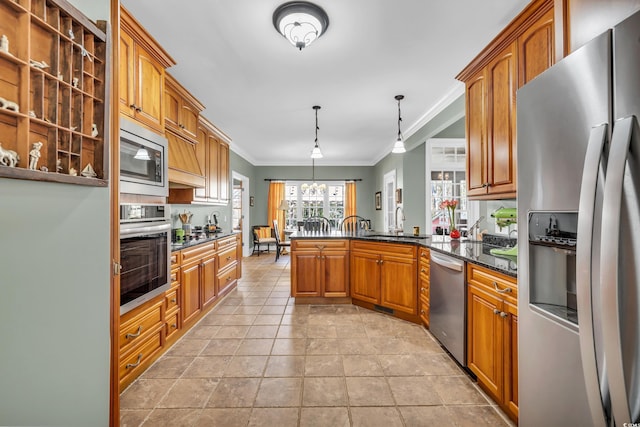 kitchen with pendant lighting, sink, stainless steel appliances, a notable chandelier, and ornamental molding