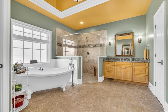 bathroom featuring vanity and plus walk in shower