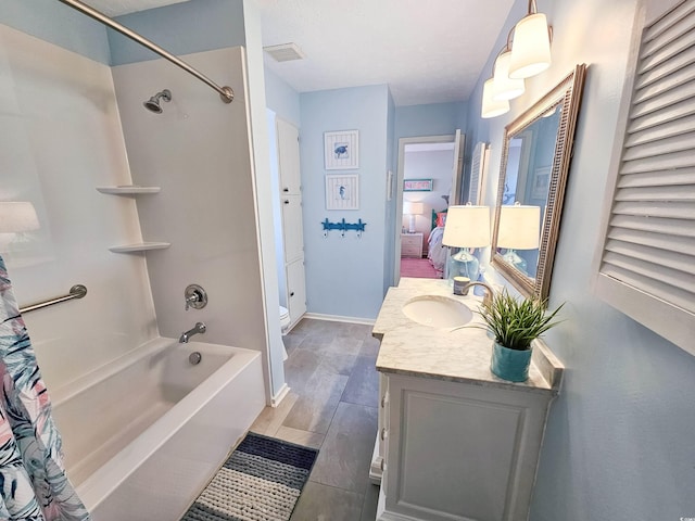 299 Lake Arrowhead Rd, Myrtle Beach, SC 29572 - bathroom with vanity, shower / bathtub combination with curtain, and wood finished floors