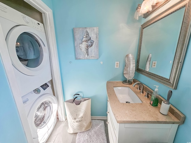 299 Lake Arrowhead Rd, Myrtle Beach, SC 29572 - bathroom with stacked washer / dryer and vanity