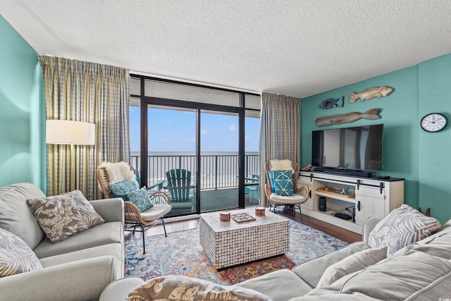 501 S Ocean Blvd Unit 505, North Myrtle Beach, SC 29582 - living area with a textured ceiling, wood finished floors, and expansive windows