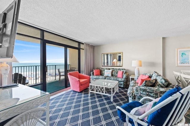 carpeted living room featuring a textured ceiling and expansive windows