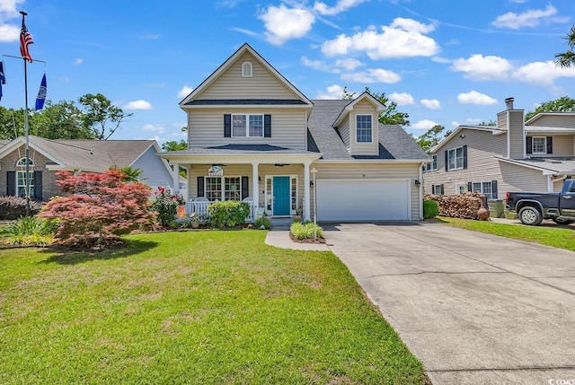 637 Sparrow Dr, Surfside Beach, SC 29575 - traditional home with a garage, concrete driveway, a shingled roof, a front yard, and a porch