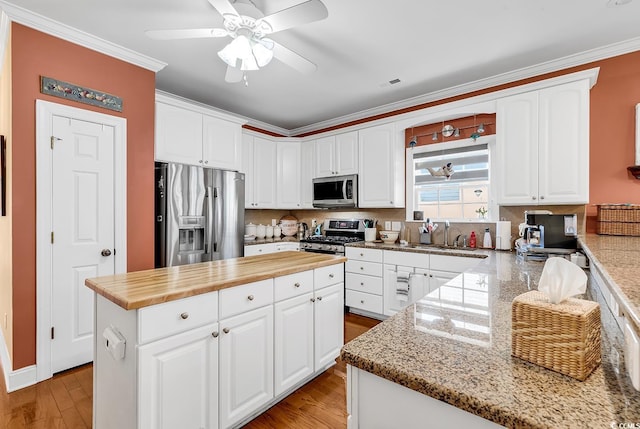 637 Sparrow Dr, Surfside Beach, SC 29575 - kitchen featuring a sink, ornamental molding, stainless steel appliances, and a ceiling fan