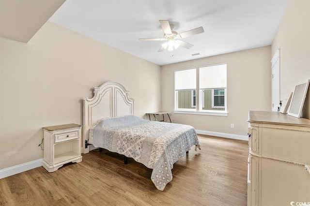 bedroom featuring ceiling fan and light hardwood / wood-style floors