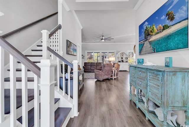 entrance foyer featuring crown molding, hardwood / wood-style floors, and ceiling fan