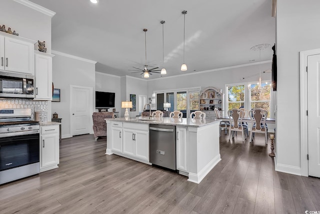 kitchen featuring wood finished floors, a sink, open floor plan, appliances with stainless steel finishes, and tasteful backsplash