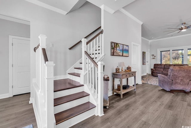 980 Desert Wheatgrass Dr, Myrtle Beach, SC 29579 - stairway featuring baseboards, wood finished floors, a ceiling fan, and ornamental molding