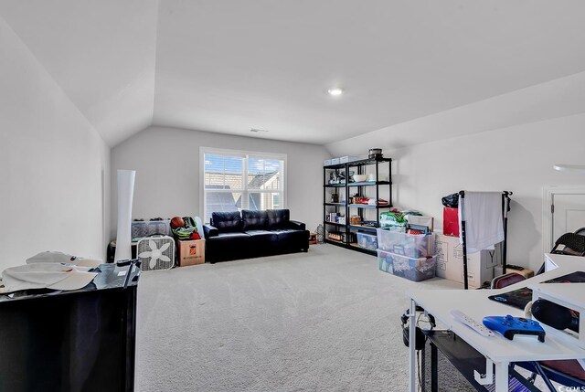 office featuring carpet floors and vaulted ceiling